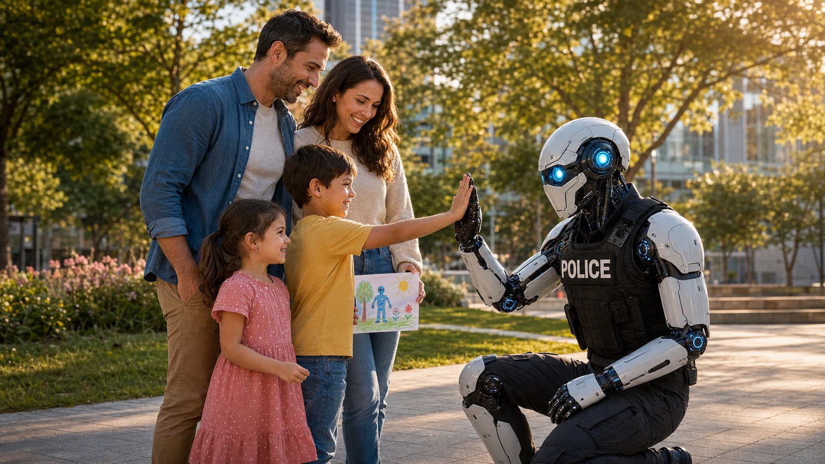 Family high-fiving an Auxilio robot officer in the park