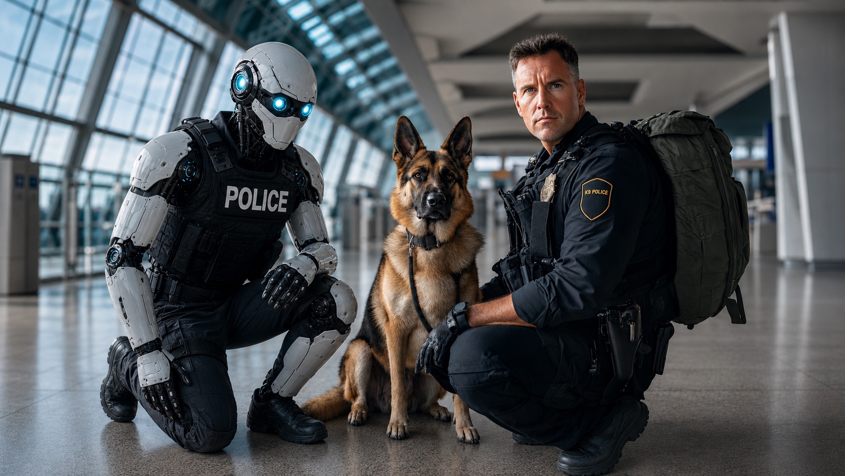 Auxilio robot officer with a K-9 unit and human handler in a transit terminal