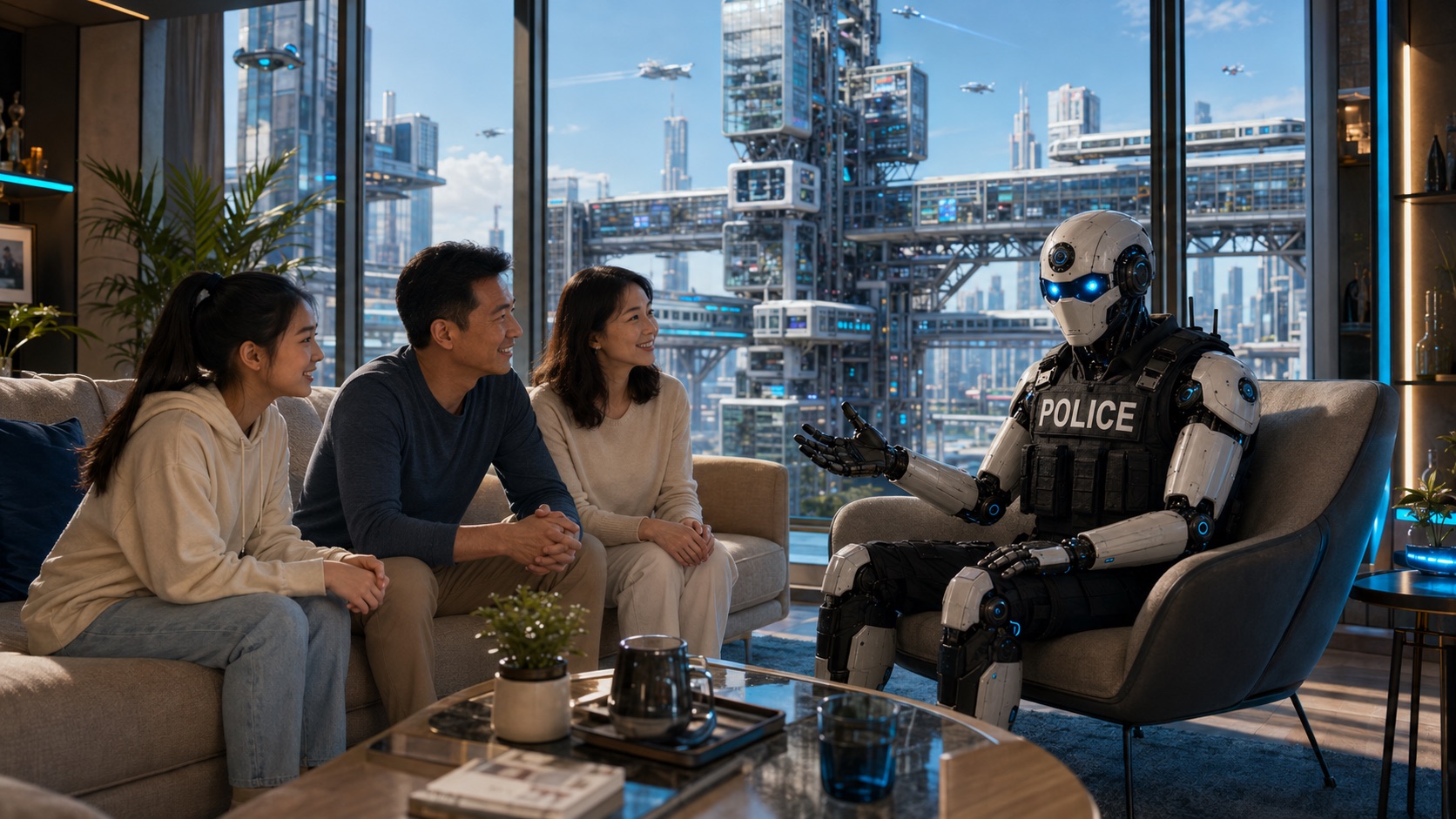 Auxilio AI robot officer talking with a family at home